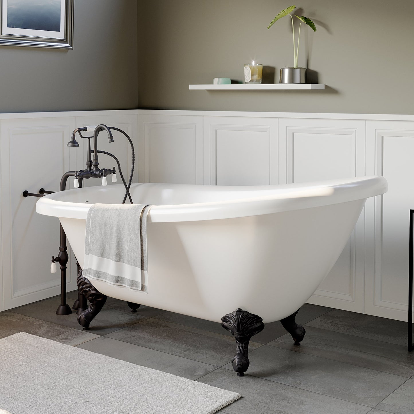 Acrylic Clawfoot Slipper Soaking Tub with Continuous Rim and Polished Oil Rubbed Bronze Plumbing Package