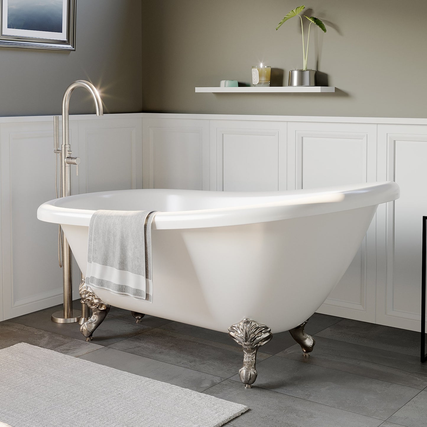 Clawfoot Acrylic Slipper Soaking Tub with Continuous Rim and Brushed Nickel Feet