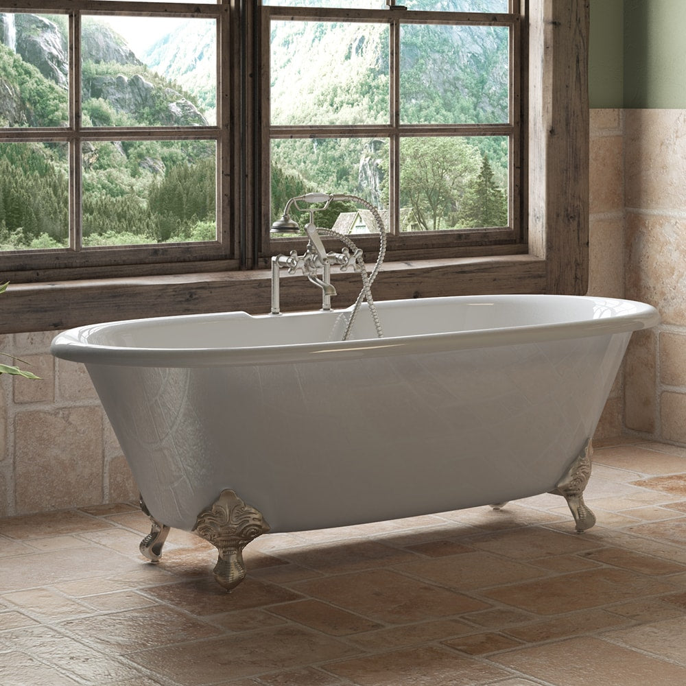 Cast Iron Double Ended Clawfoot Tub 67" X 30" with 7" Deck Mount Faucet Drillings and Brushed Nickel Feet
