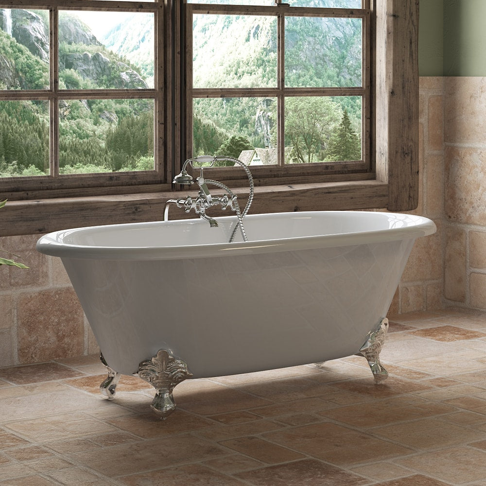 Cast Iron Double Ended Clawfoot Tub 60" X 30" with No Faucet Drillings and Complete Free Standing British Telephone Faucet and Hand Held Shower Polished Chrome Plumbing Package