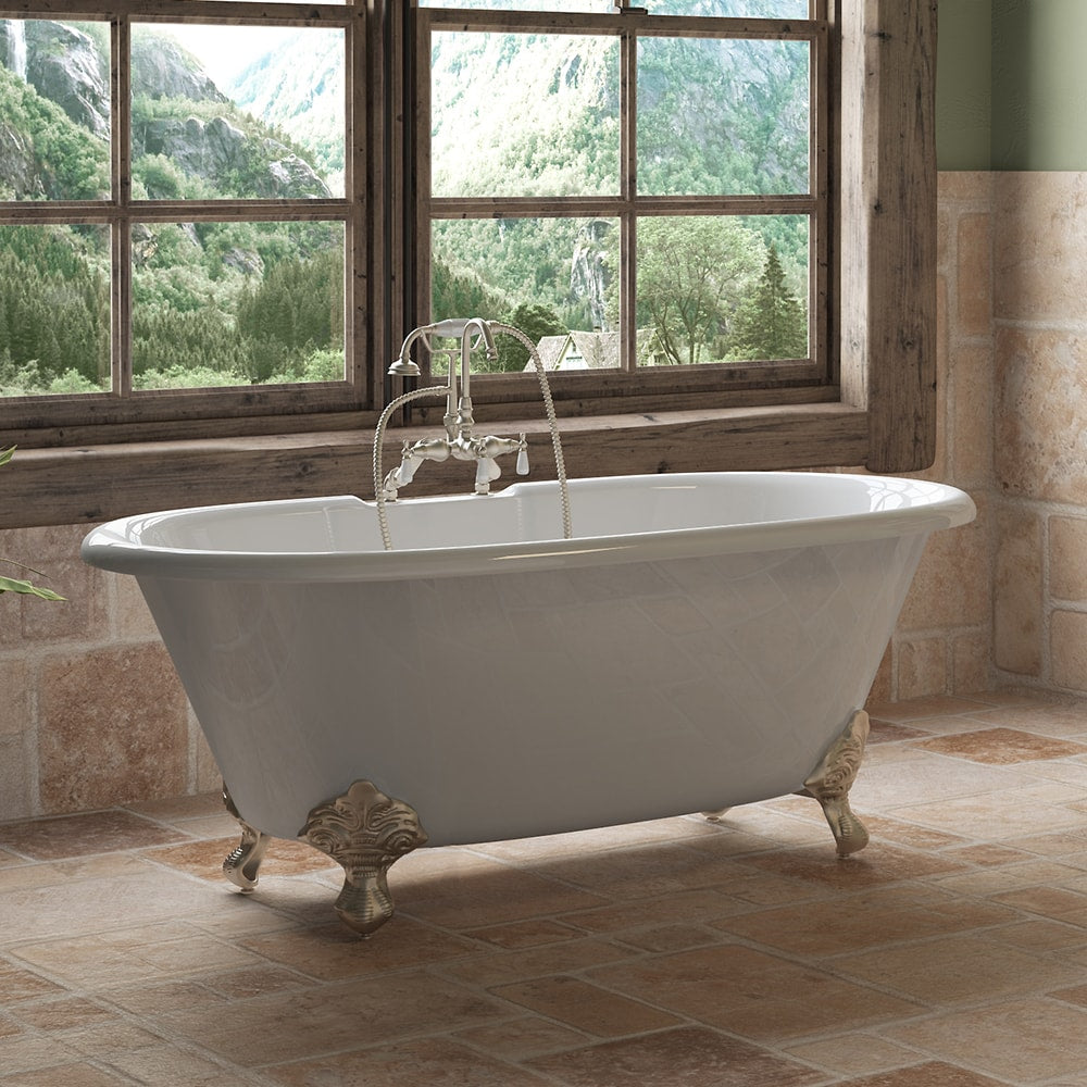 Cast Iron Double Ended Clawfoot Tub 60" X 30" with 7" Deck Mount Faucet Drillings and English Telephone Style Faucet Complete Brushed Nickel Plumbing Package