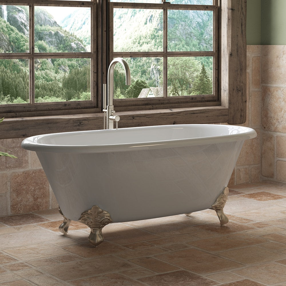 Cast Iron Double Ended Clawfoot Tub 60" X 30" with No Faucet Drillings and Brushed Nickel Feet