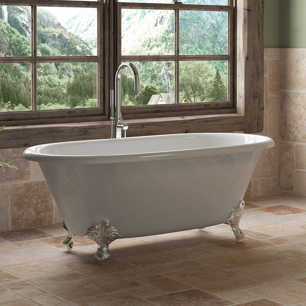 Cast Iron Double Ended Clawfoot Tub 60" X 30" with No Faucet Drillings and Polished Chrome Feet