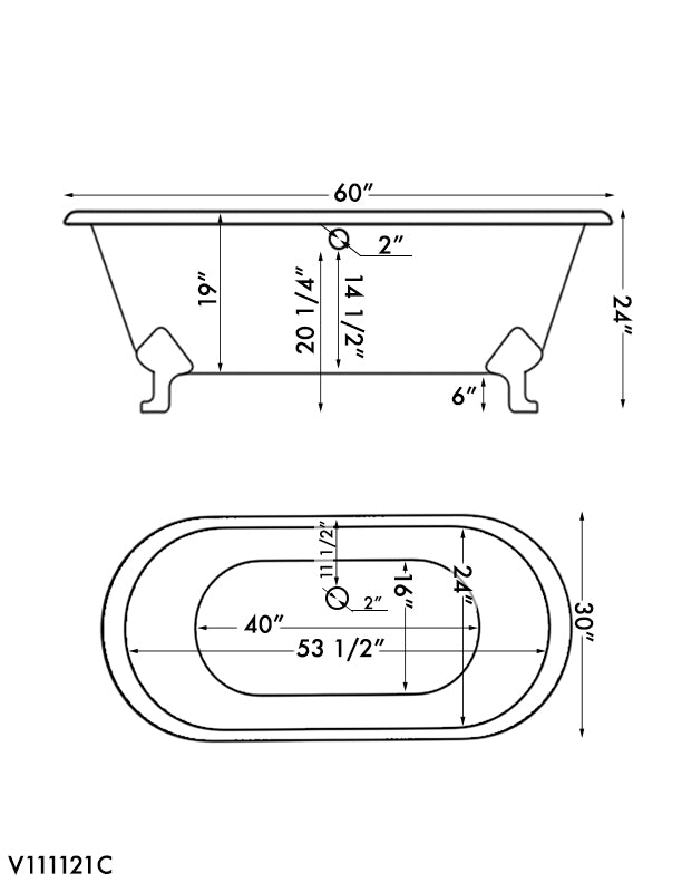 Cast Iron Double Ended Clawfoot Tub 60" X 30" with No Faucet Drillings and Polished Chrome Feet