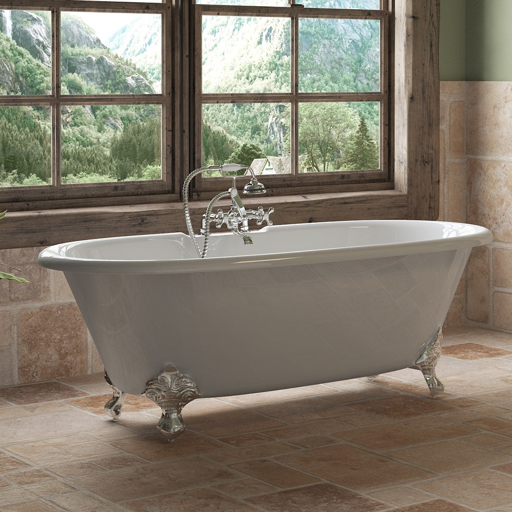 Cast Iron Double Ended Clawfoot Tub 67" X 30" 7" Deck Mount Faucet Drillings and Complete Polished Chrome Plumbing Package