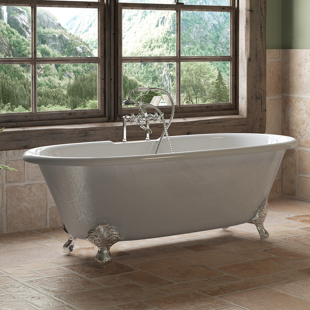 Cast Iron Double Ended Clawfoot Tub 67" X 30" with 7" Deck Mount Faucet Drillings and Complete Polished Chrome Plumbing Package With Six Inch Deck Mount Risers
