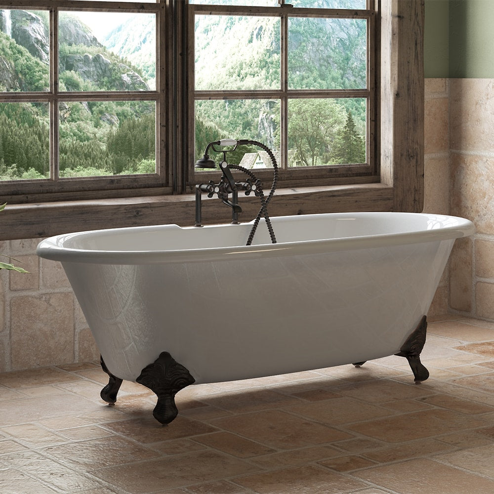 Cast Iron Double Ended Clawfoot Tub 67" X 30" with 7" Deck Mount Faucet Drillings and Complete Brushed Nickel Plumbing Package With Six Inch Deck Mount Risers