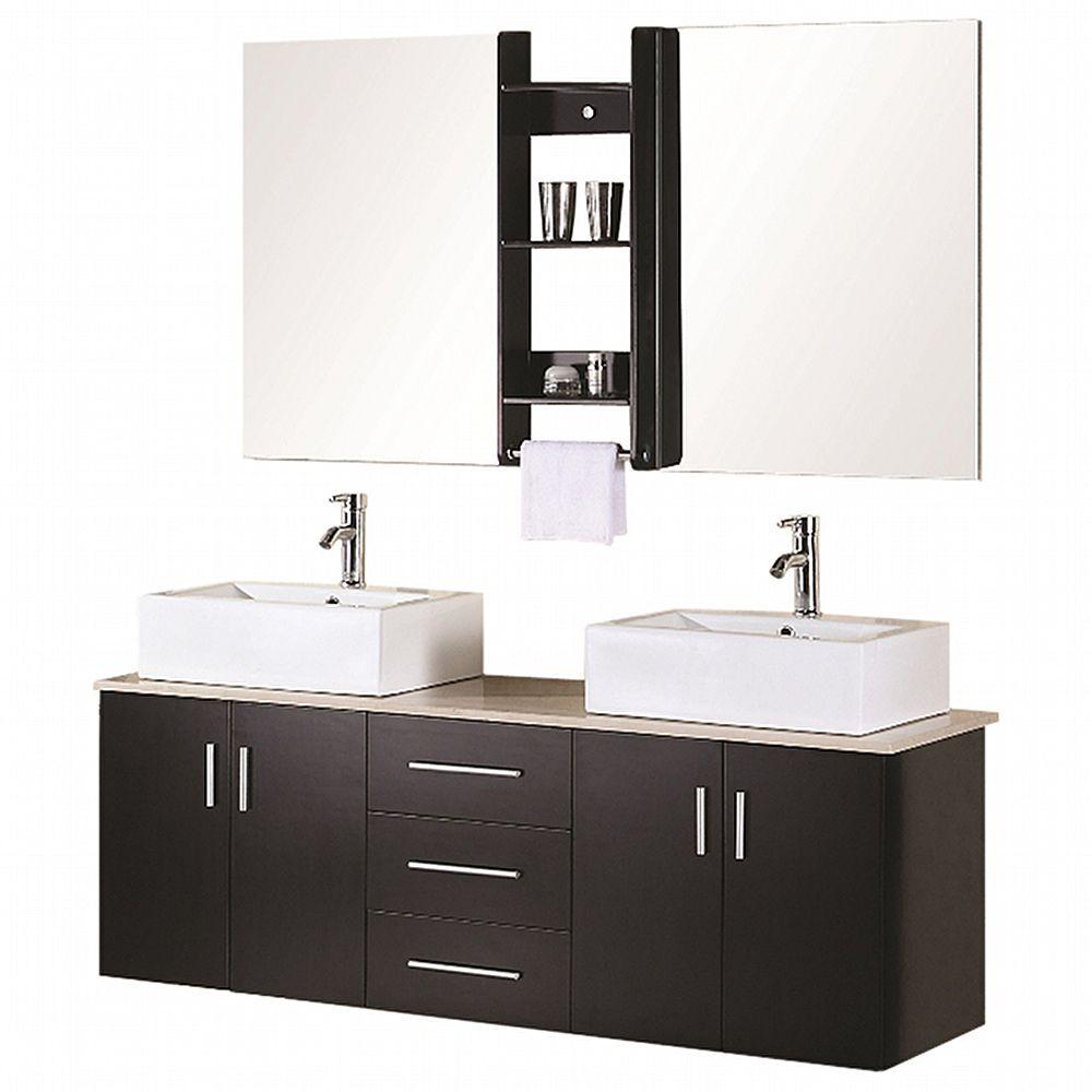 Portland 61" Wall Mount Double Porcelain Vessel Sinks, Crema Marfil Marble Top Bathroom Vanity in Espresso