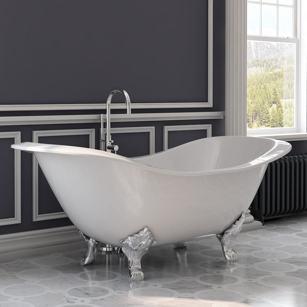 Cast Iron Double Ended Slipper Tub 71" X 30" with no Faucet Drillings and Complete Polished Chrome Modern Freestanding Tub Filler with Hand Held Shower Assembly Plumbing Package