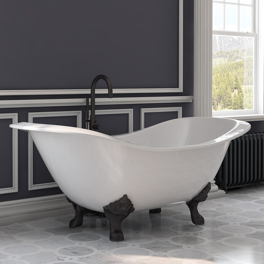 Cast Iron Double Ended Slipper Tub 71" X 30" with no Faucet Drillings and Complete Oil Rubbed Bronze Modern Freestanding Tub Filler with Hand Held Shower Assembly Plumbing Package