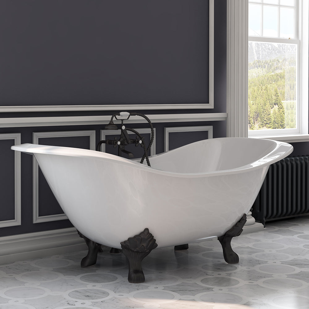 Cast Iron Double Ended Slipper Tub 71" X 30"with No Faucet Drillings and Complete Free Standing British Telephone Faucet and Hand Held Shower Oil Rubbed Bronze Plumbing Package