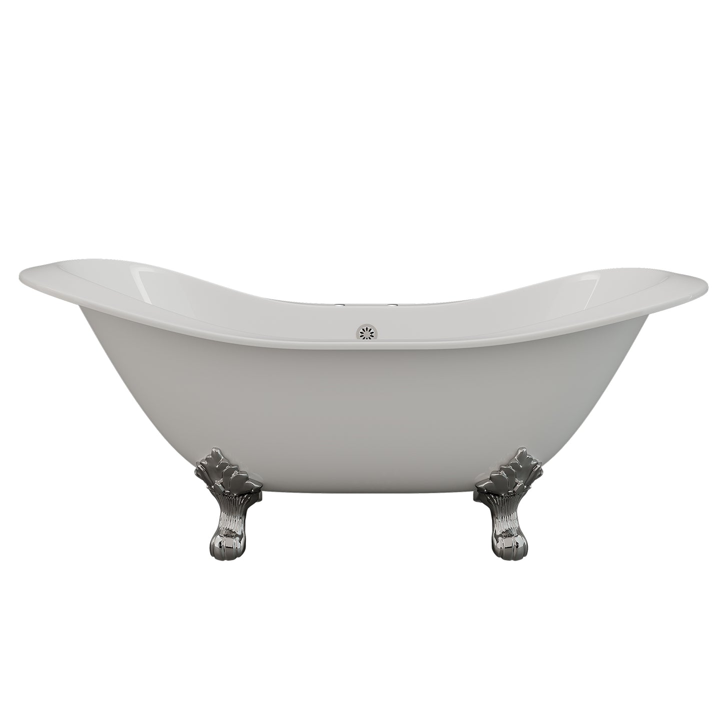 Cast Iron Double Ended Slipper Tub 71" X 30" with 7" Deck Mount Faucet Drillings and British Telephone Style Faucet Complete Polished Chrome Plumbing Package With Six Inch Deck Mount Risers