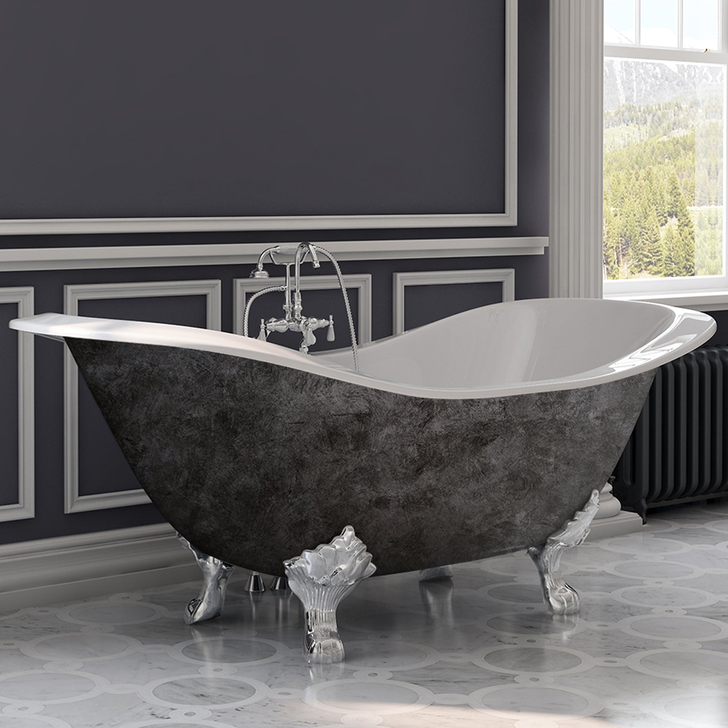 Scorched Platinum 71” Cast Iron Double Slipper Tub, Polished Chrome Lion’s Paw Feet, 7 Inch Deck Mount Faucet Holes