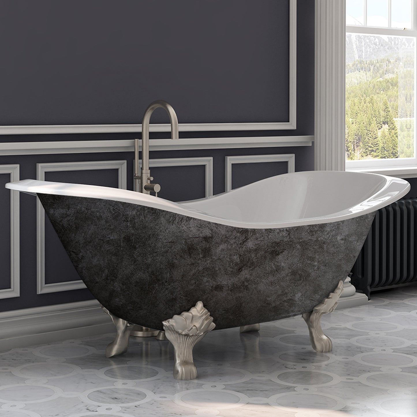 Scorched Platinum 71” Cast Iron Double Slipper Tub, Chrome Lion’s Paw Feet, No Faucet Holes