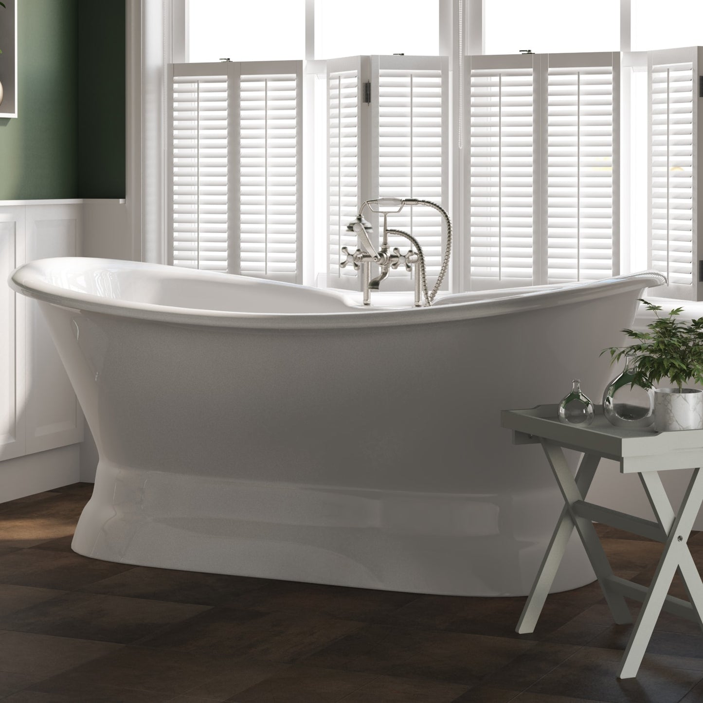 Cast Iron Double Ended Slipper Tub 71" X 30" with 7" Deck Mount Faucet Drillings and British Telephone Style Faucet Complete Brushed Nickel Plumbing Package With Six Inch Deck Mount Risers
