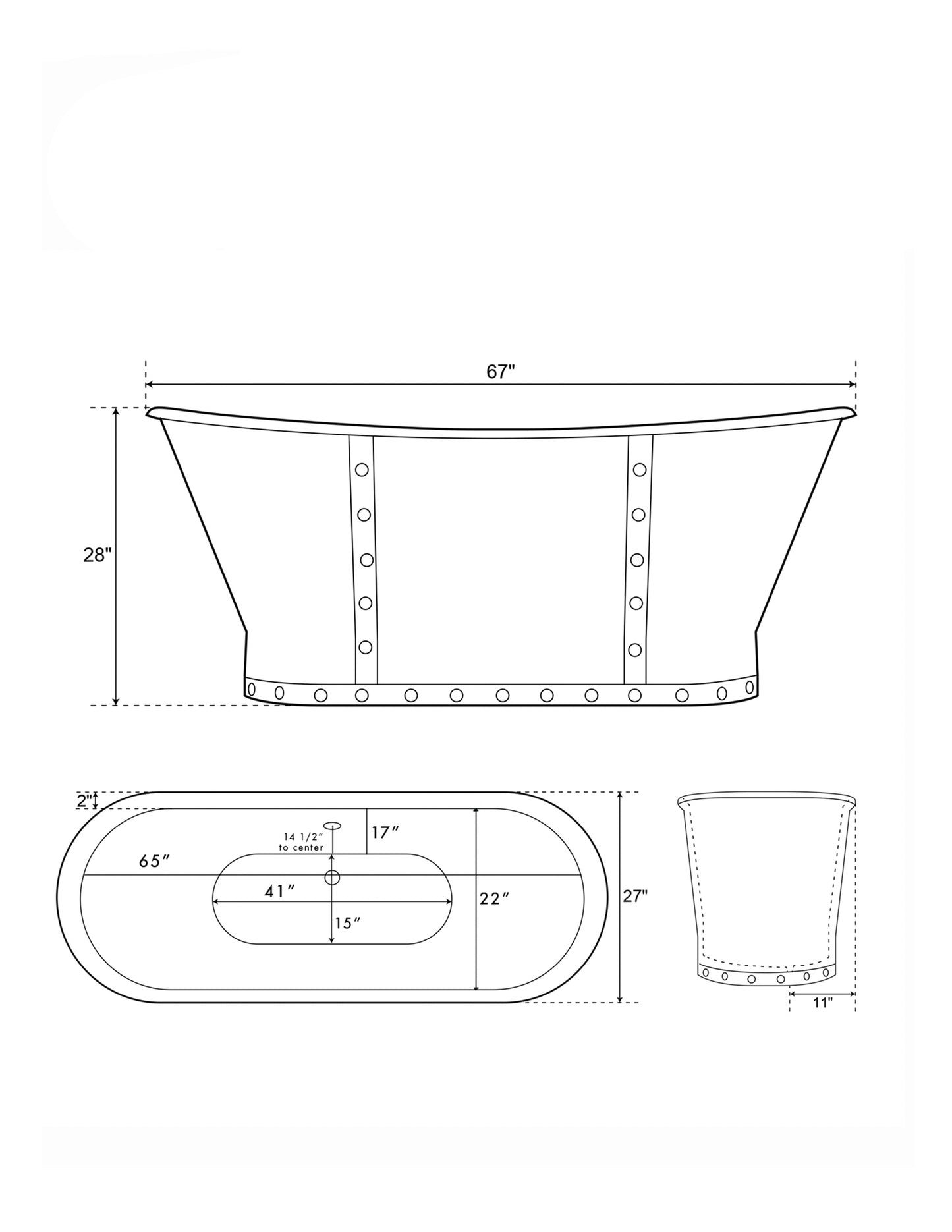 Cast Iron Double Slipper Skirted Bathtub 27"D x 67"L x 28"H
