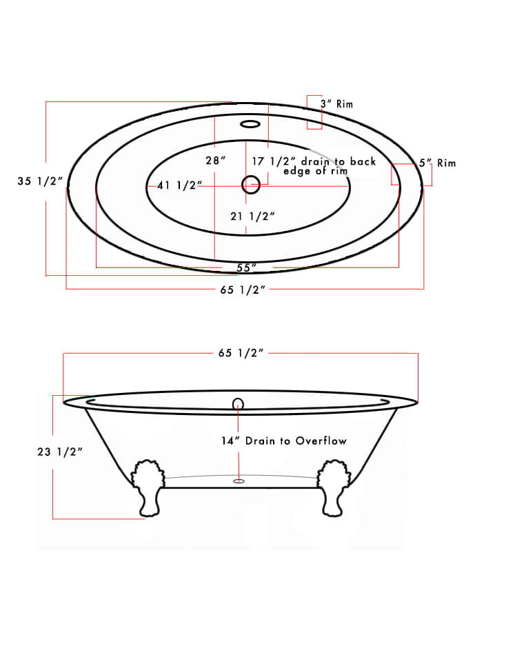 Extra Wide Cast Iron Clawfoot Tub, 65.5 x 35.5 No Faucet Holes and Brushed Nickel Feet