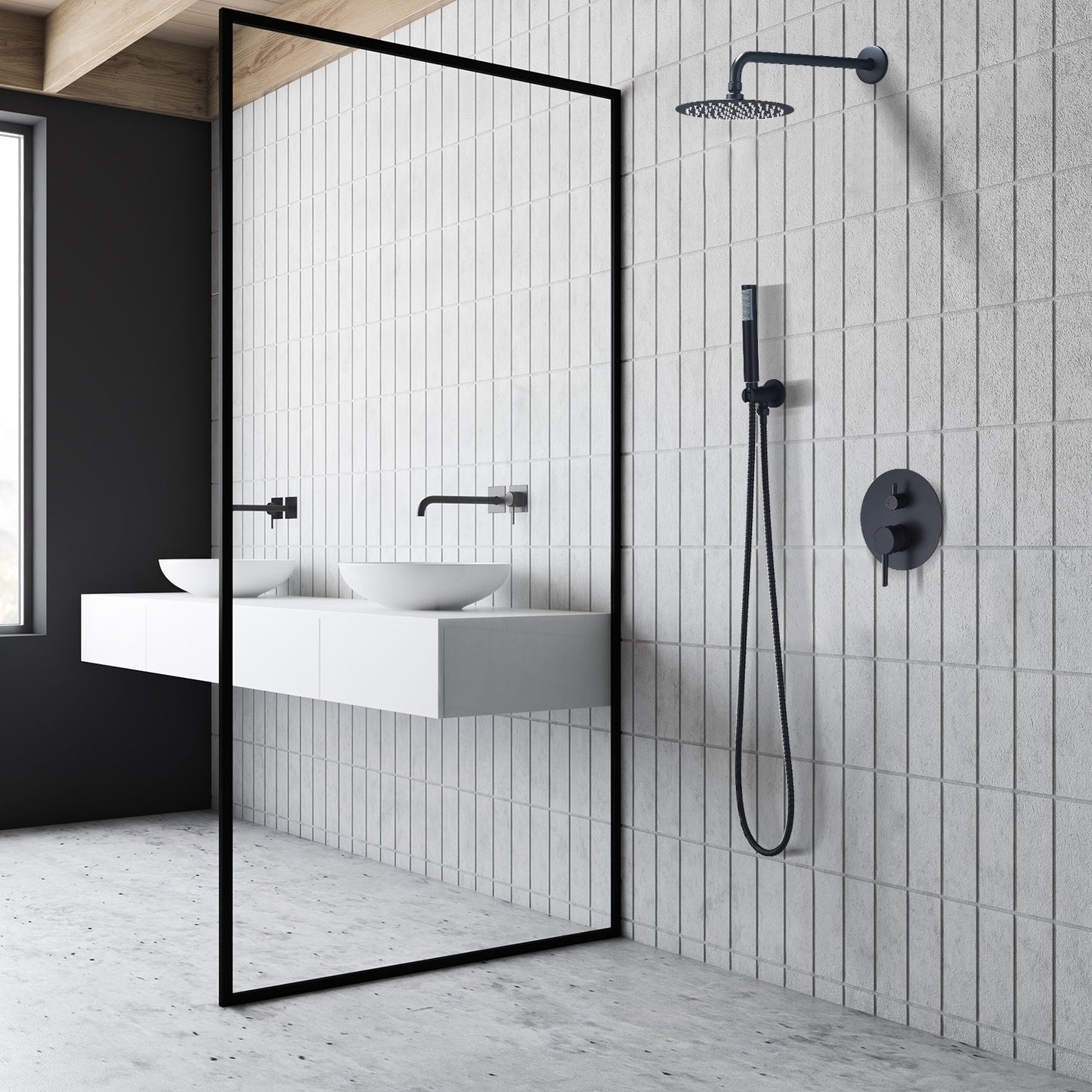 Herne Complete Shower System in Matte Black with Rough-In Valve with 8" Round Rain Shower Head
