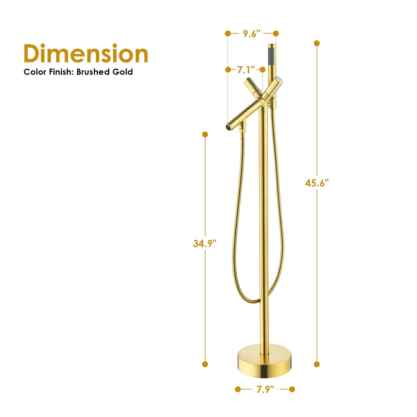 Brulon Double Knob Handle Freestanding Floor Mounted Tub Filler with Handshower in Brushed Gold