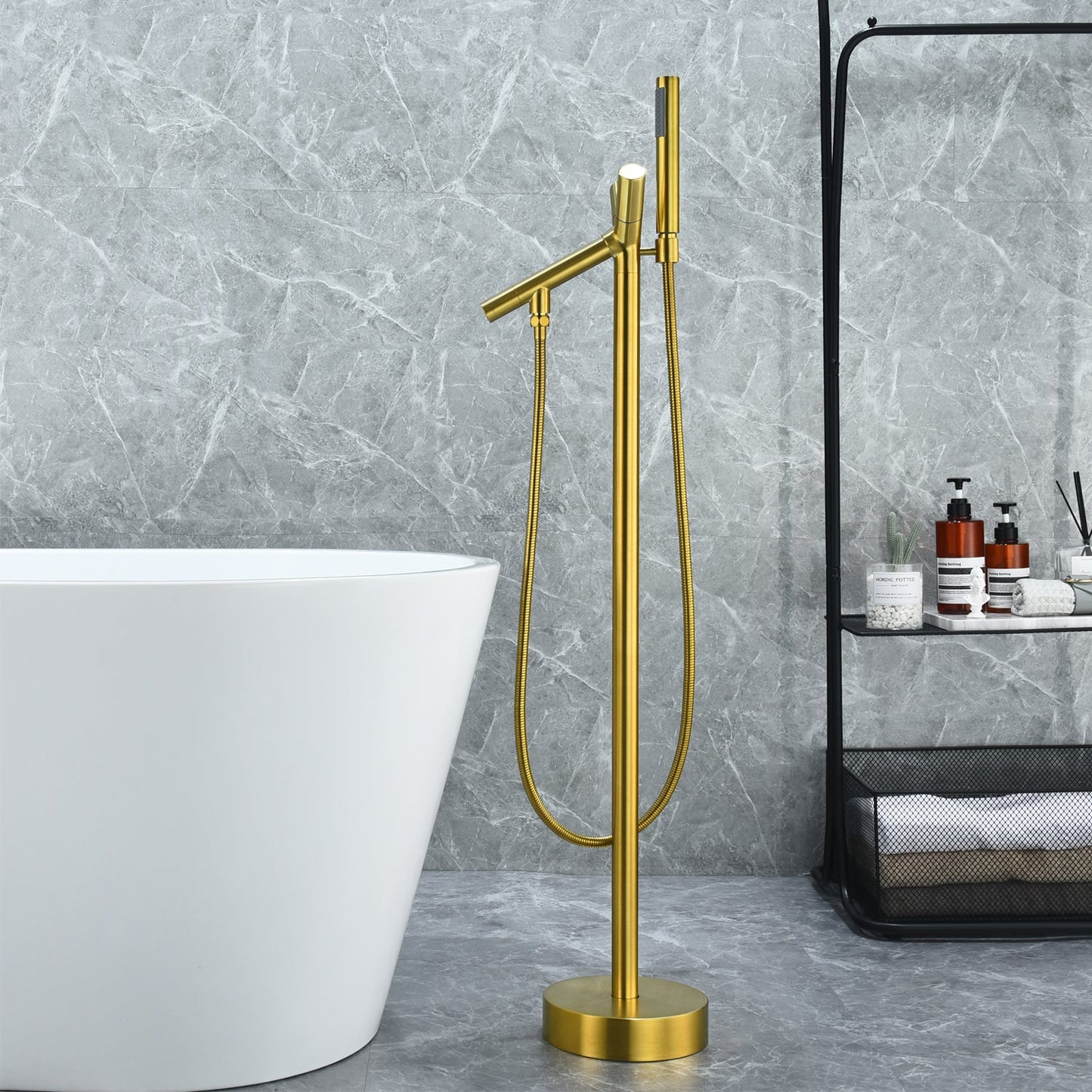Brulon Double Knob Handle Freestanding Floor Mounted Tub Filler with Handshower in Brushed Gold