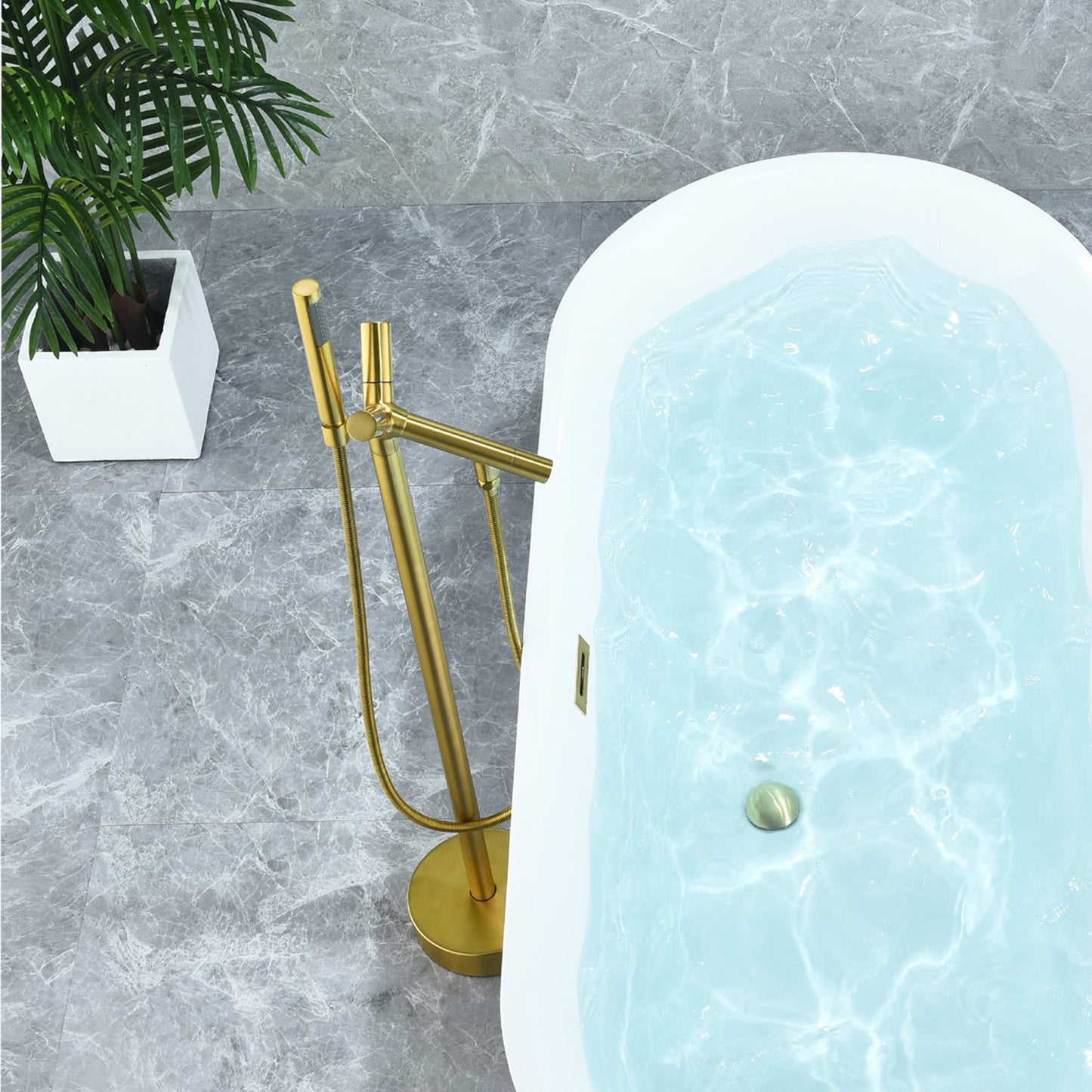 Brulon Double Knob Handle Freestanding Floor Mounted Tub Filler with Handshower in Brushed Gold