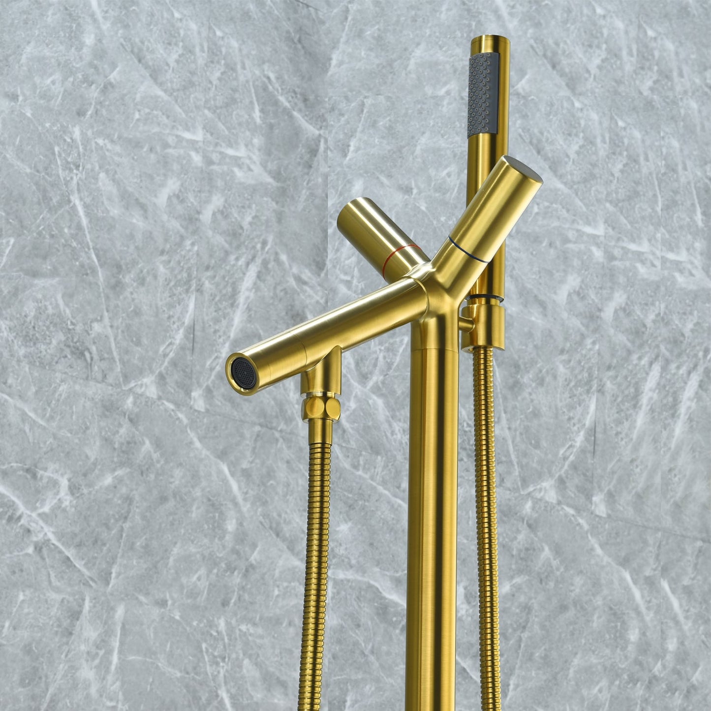 Brulon Double Knob Handle Freestanding Floor Mounted Tub Filler with Handshower in Brushed Gold