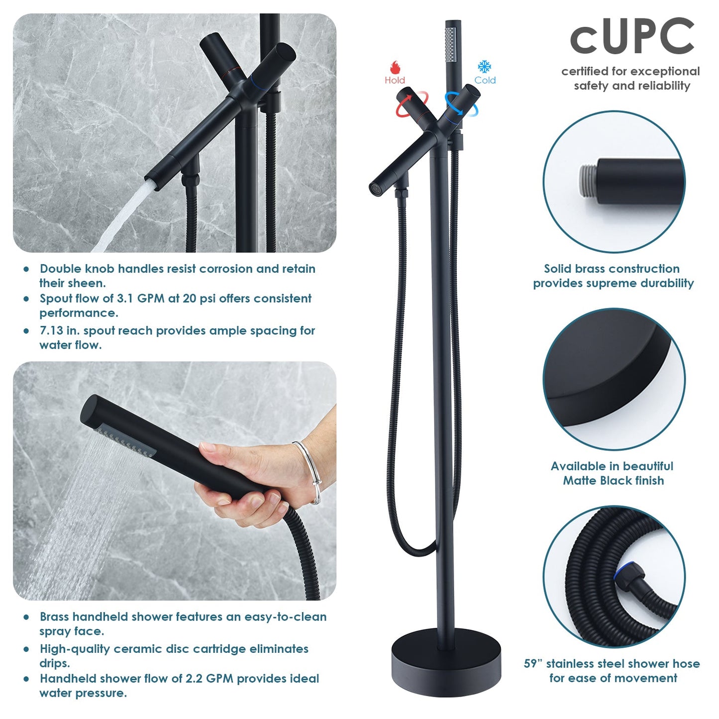 Brulon Double Knob Handle Freestanding Floor Mounted Tub Filler with Handshower in Matte Black