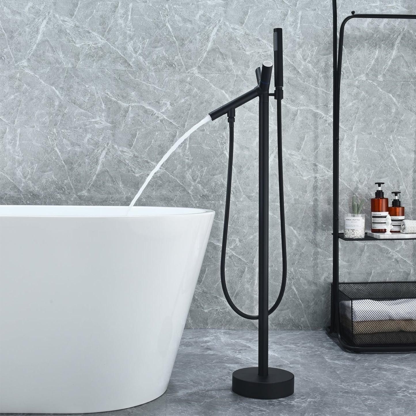 Brulon Double Knob Handle Freestanding Floor Mounted Tub Filler with Handshower in Matte Black