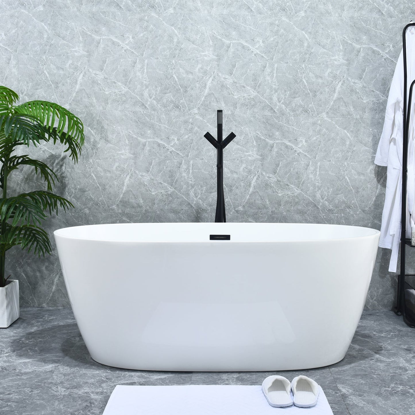 Brulon Double Knob Handle Freestanding Floor Mounted Tub Filler with Handshower in Matte Black