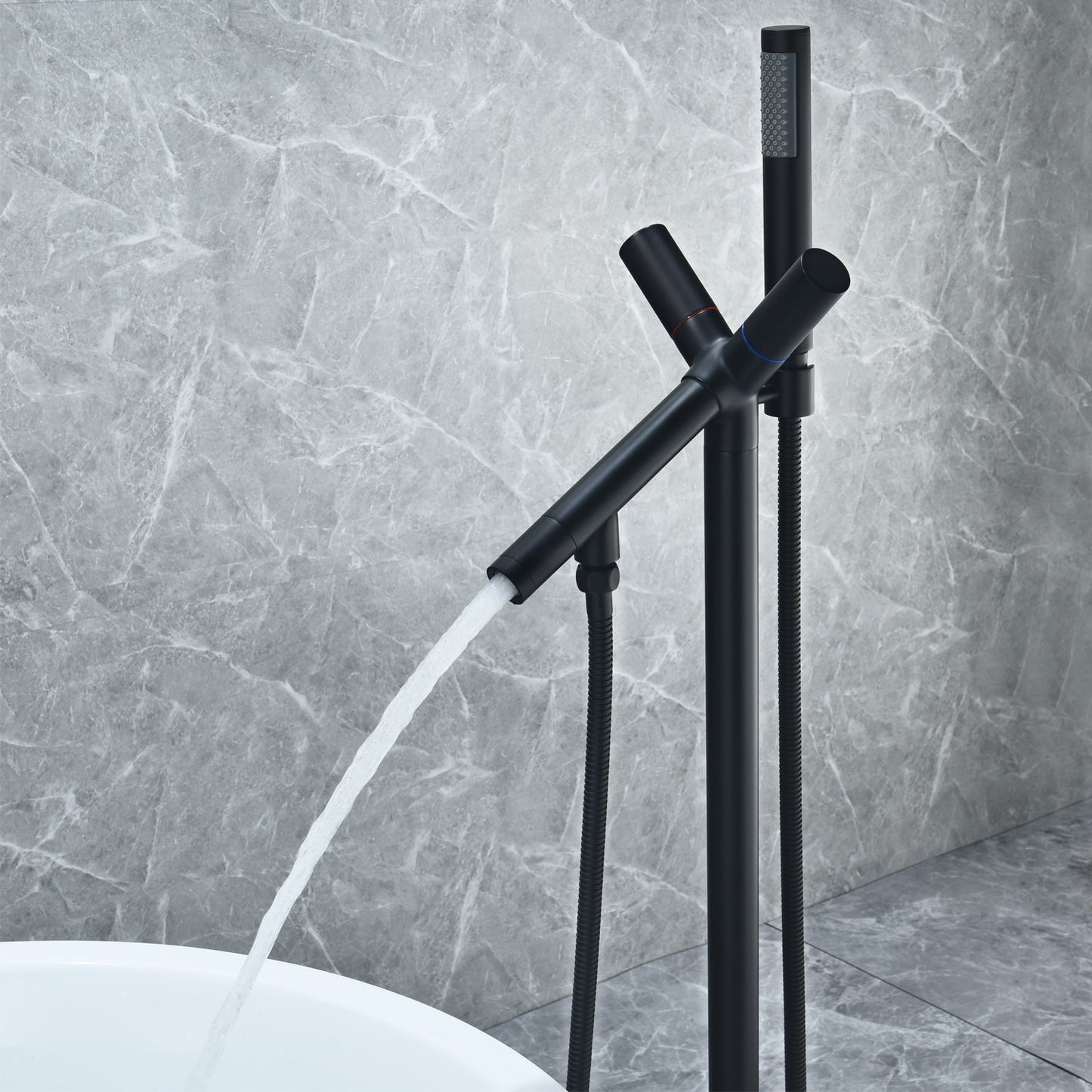 Brulon Double Knob Handle Freestanding Floor Mounted Tub Filler with Handshower in Matte Black
