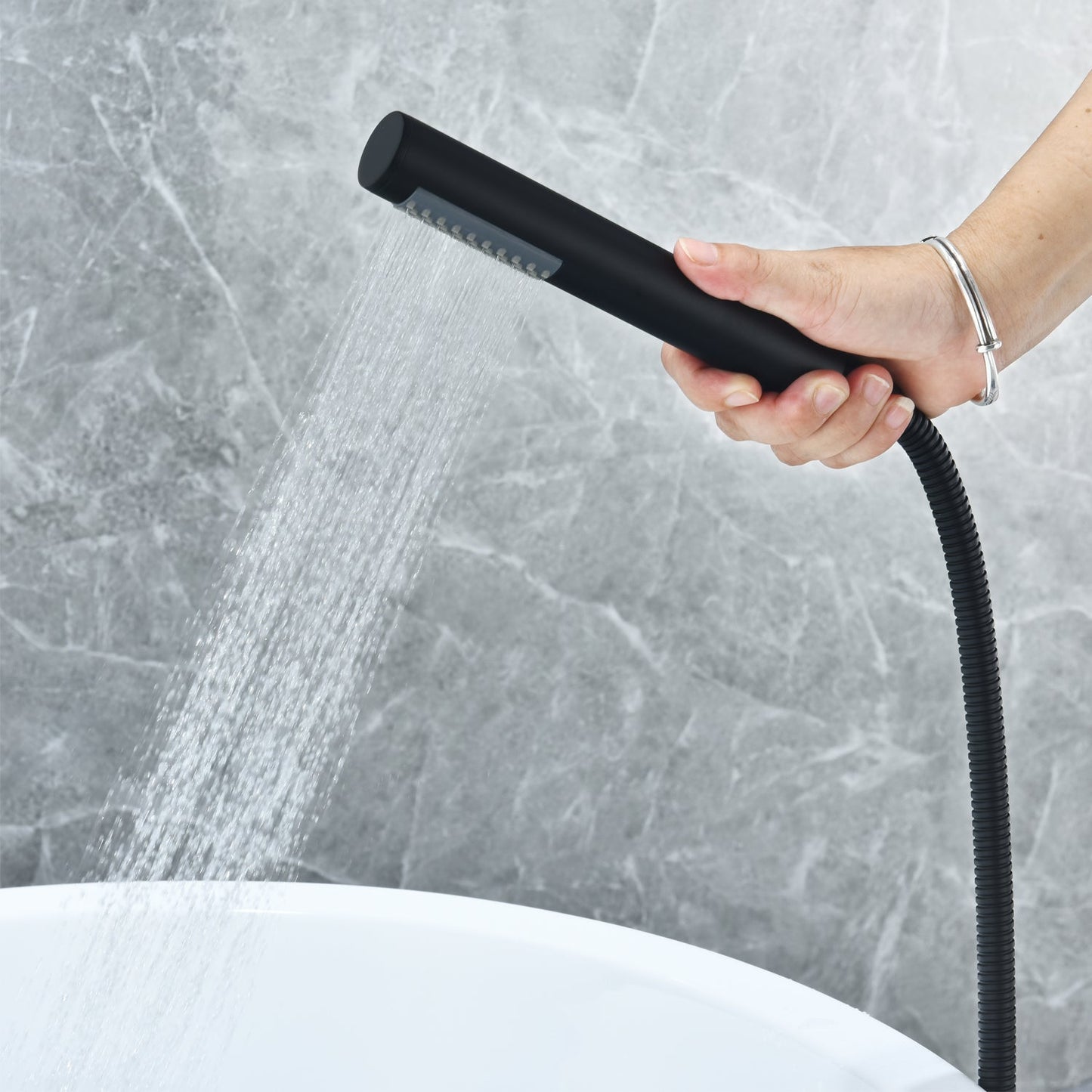 Brulon Double Knob Handle Freestanding Floor Mounted Tub Filler with Handshower in Matte Black