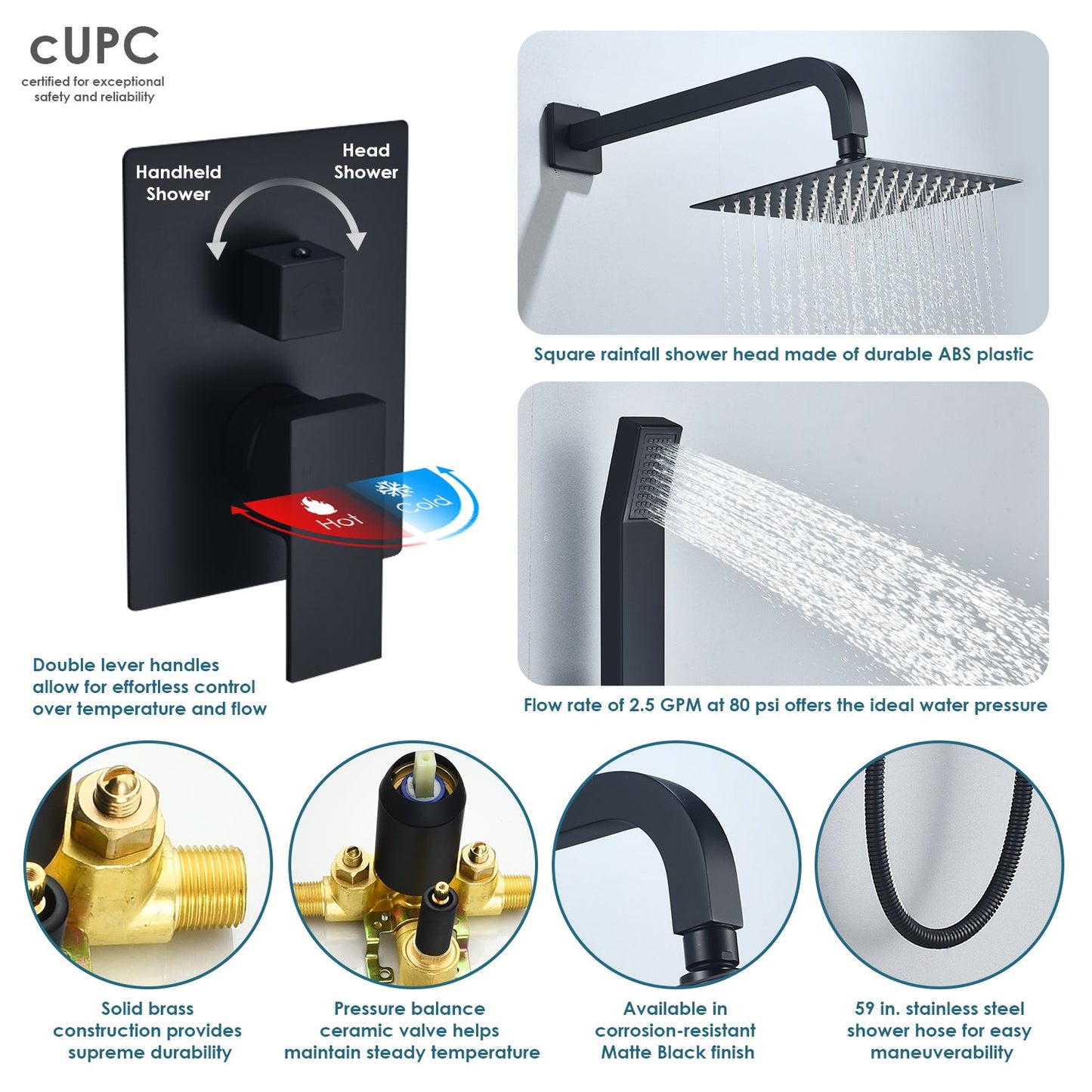 Raeren Complete Shower System in Matte Black with Rough-In Valve with 8" Square Rain Shower Head