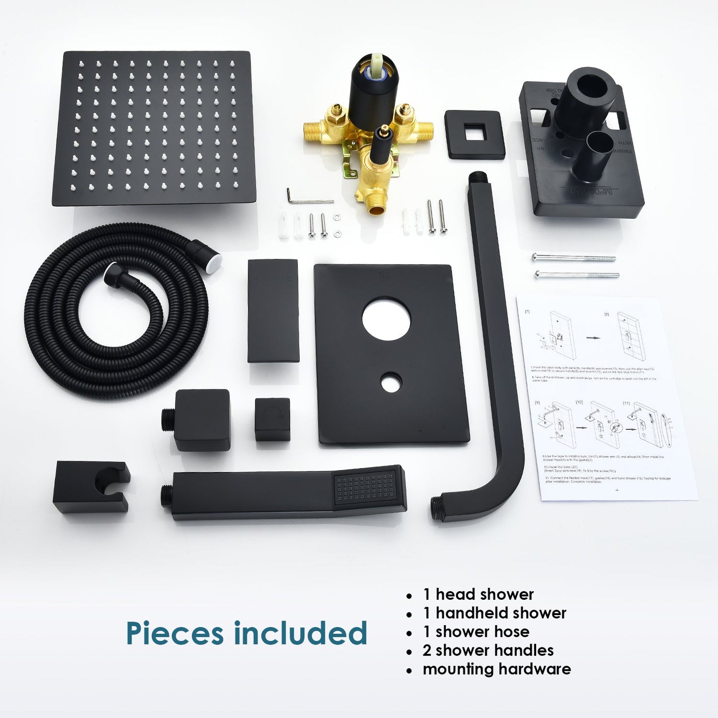 Raeren Complete Shower System in Matte Black with Rough-In Valve with 8" Square Rain Shower Head