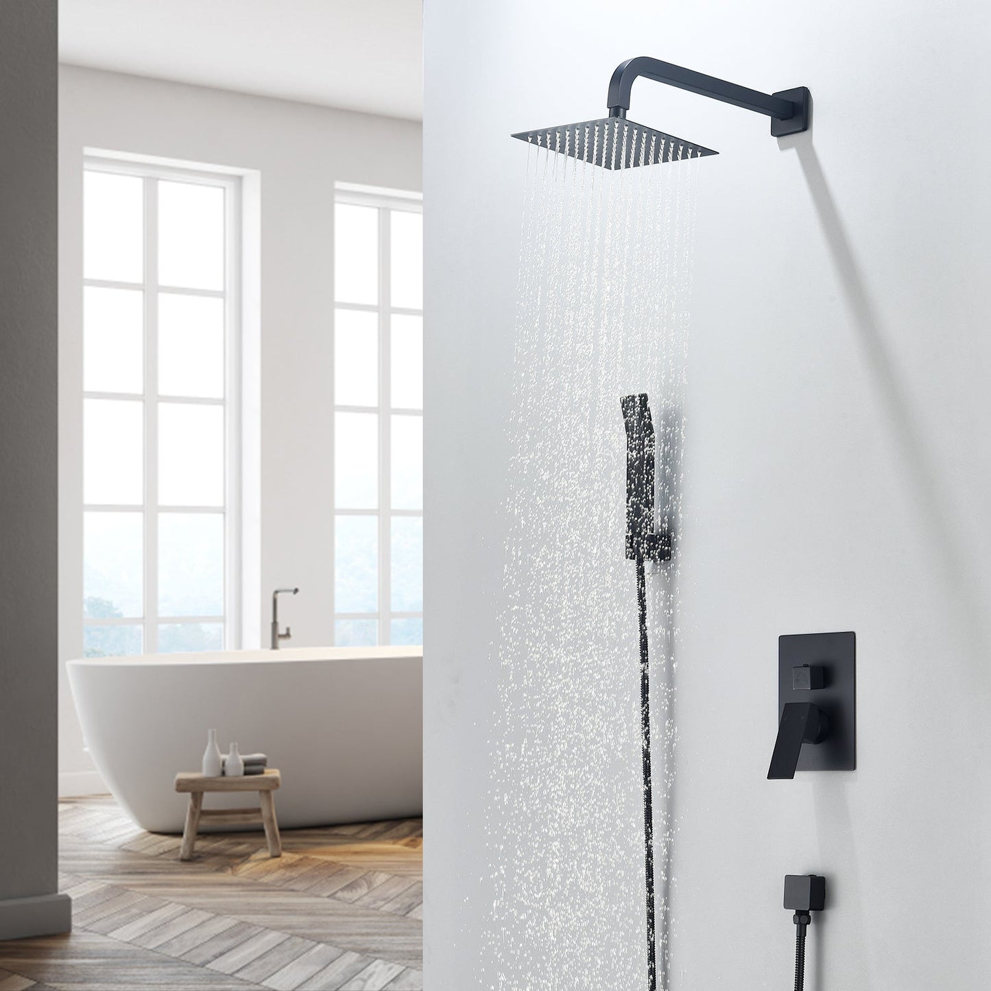 Raeren Complete Shower System in Matte Black with Rough-In Valve with 8" Square Rain Shower Head
