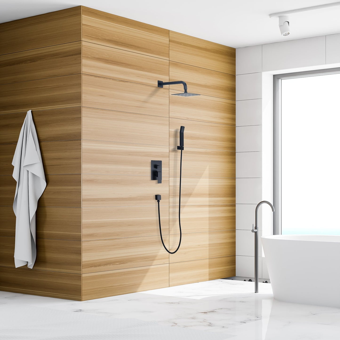 Raeren Complete Shower System in Matte Black with Rough-In Valve with 8" Square Rain Shower Head