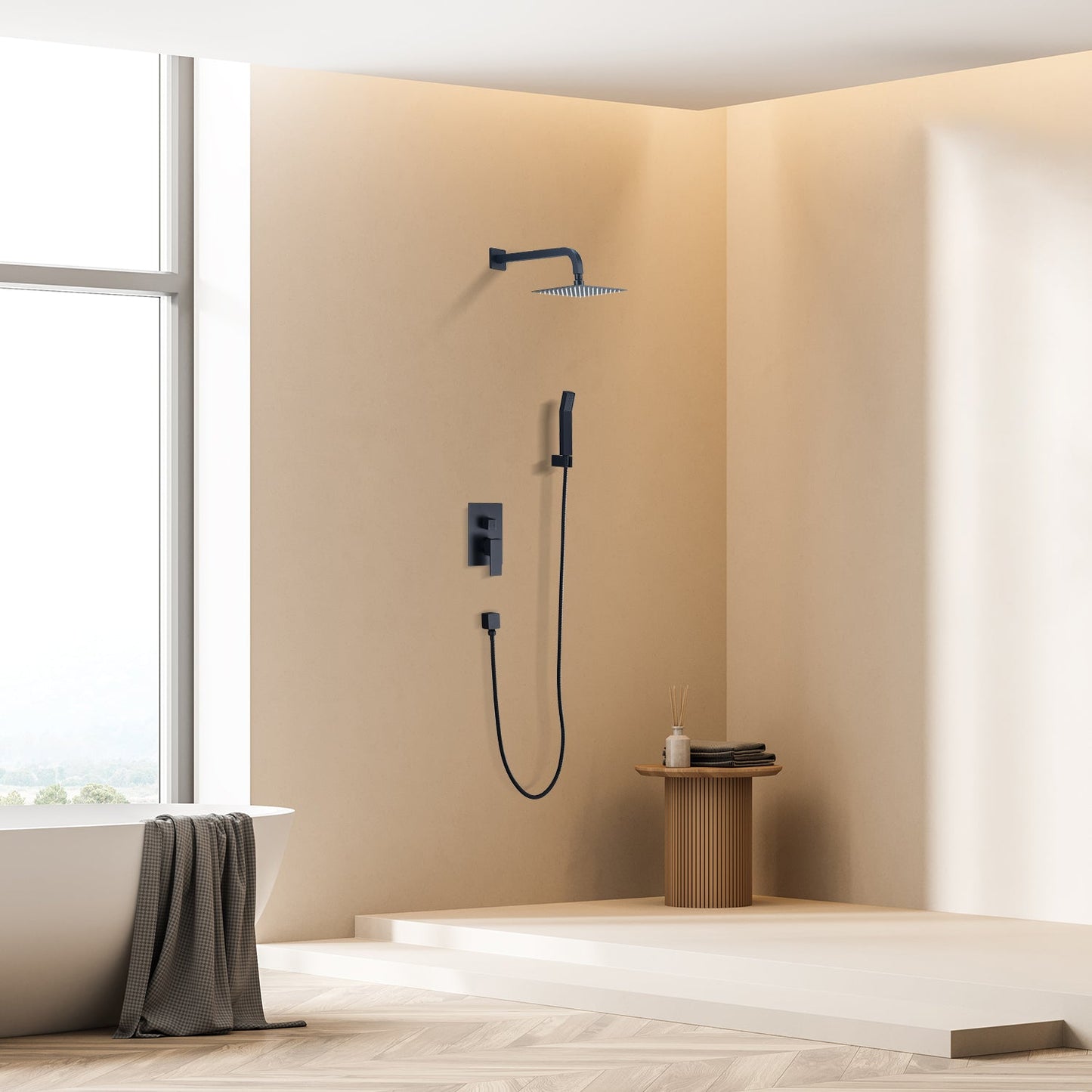 Raeren Complete Shower System in Matte Black with Rough-In Valve with 8" Square Rain Shower Head