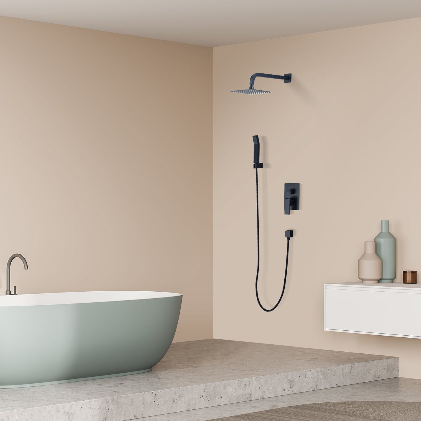 Raeren Complete Shower System in Matte Black with Rough-In Valve with 8" Square Rain Shower Head
