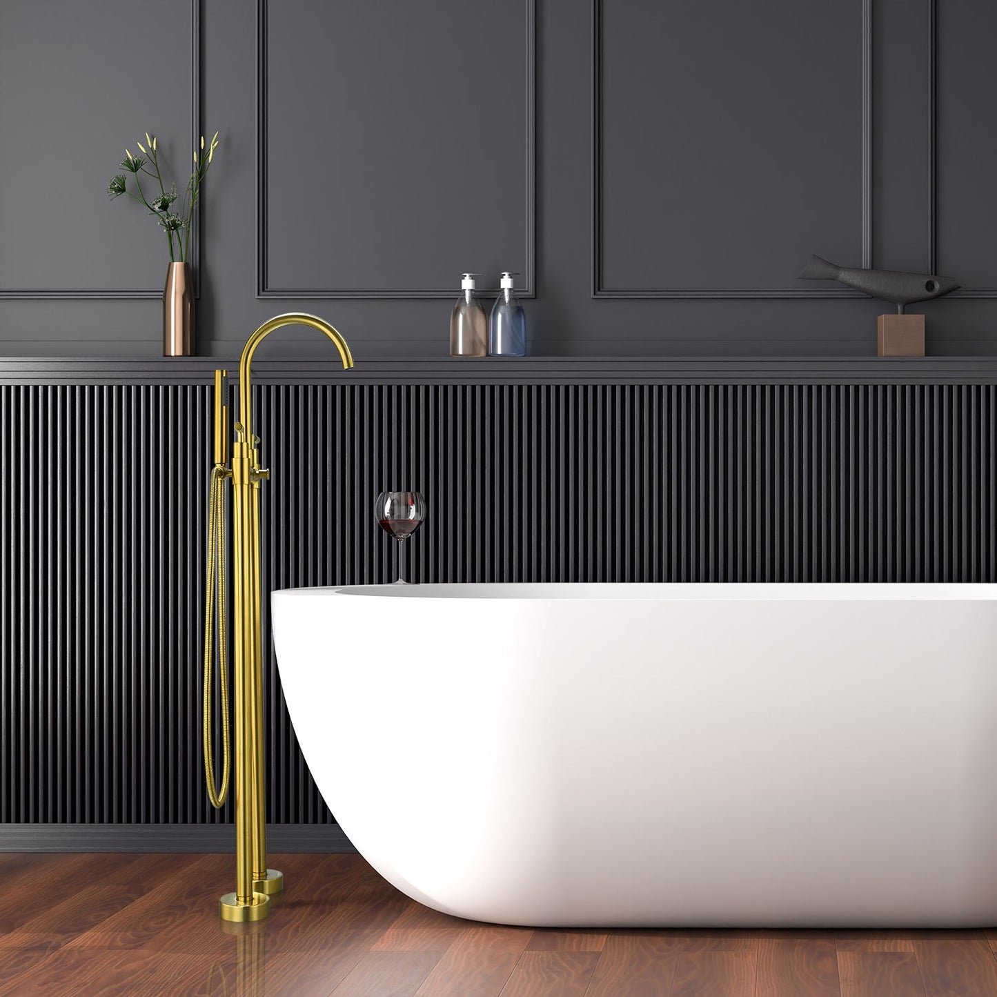 Gnosall Double Lever Handle Freestanding Floor Mounted Tub Filler with Handshower in Brushed Gold