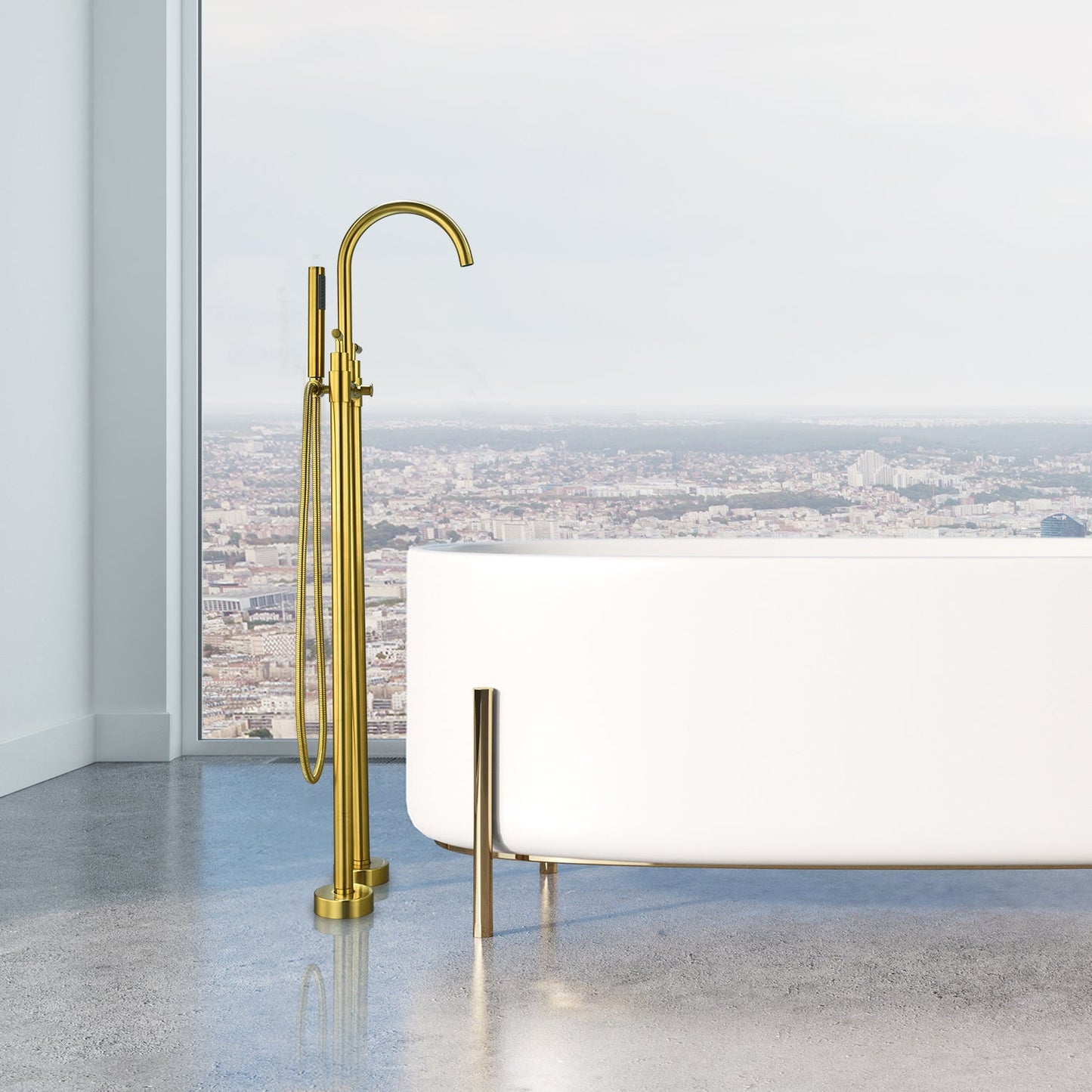 Gnosall Double Lever Handle Freestanding Floor Mounted Tub Filler with Handshower in Brushed Gold