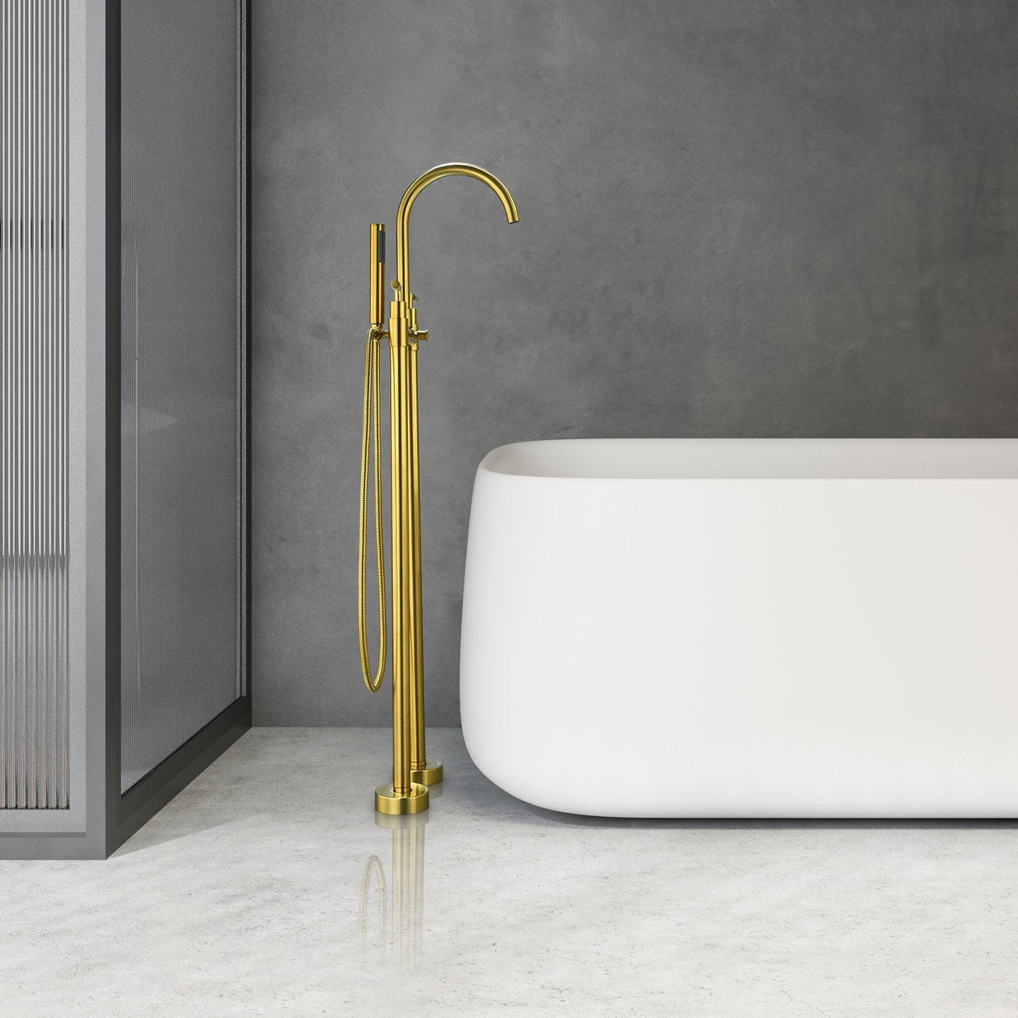 Gnosall Double Lever Handle Freestanding Floor Mounted Tub Filler with Handshower in Brushed Gold