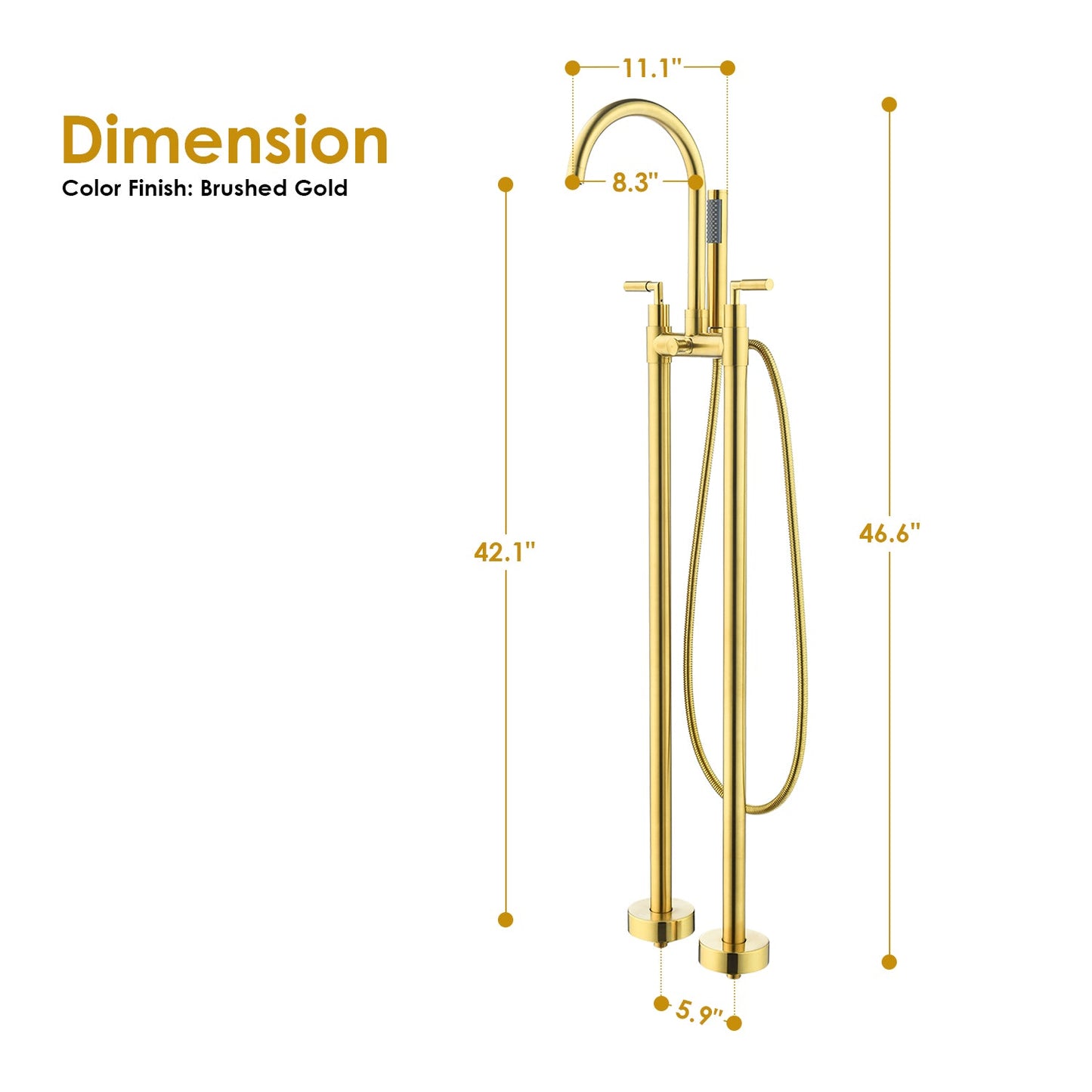 Gnosall Double Lever Handle Freestanding Floor Mounted Tub Filler with Handshower in Brushed Gold