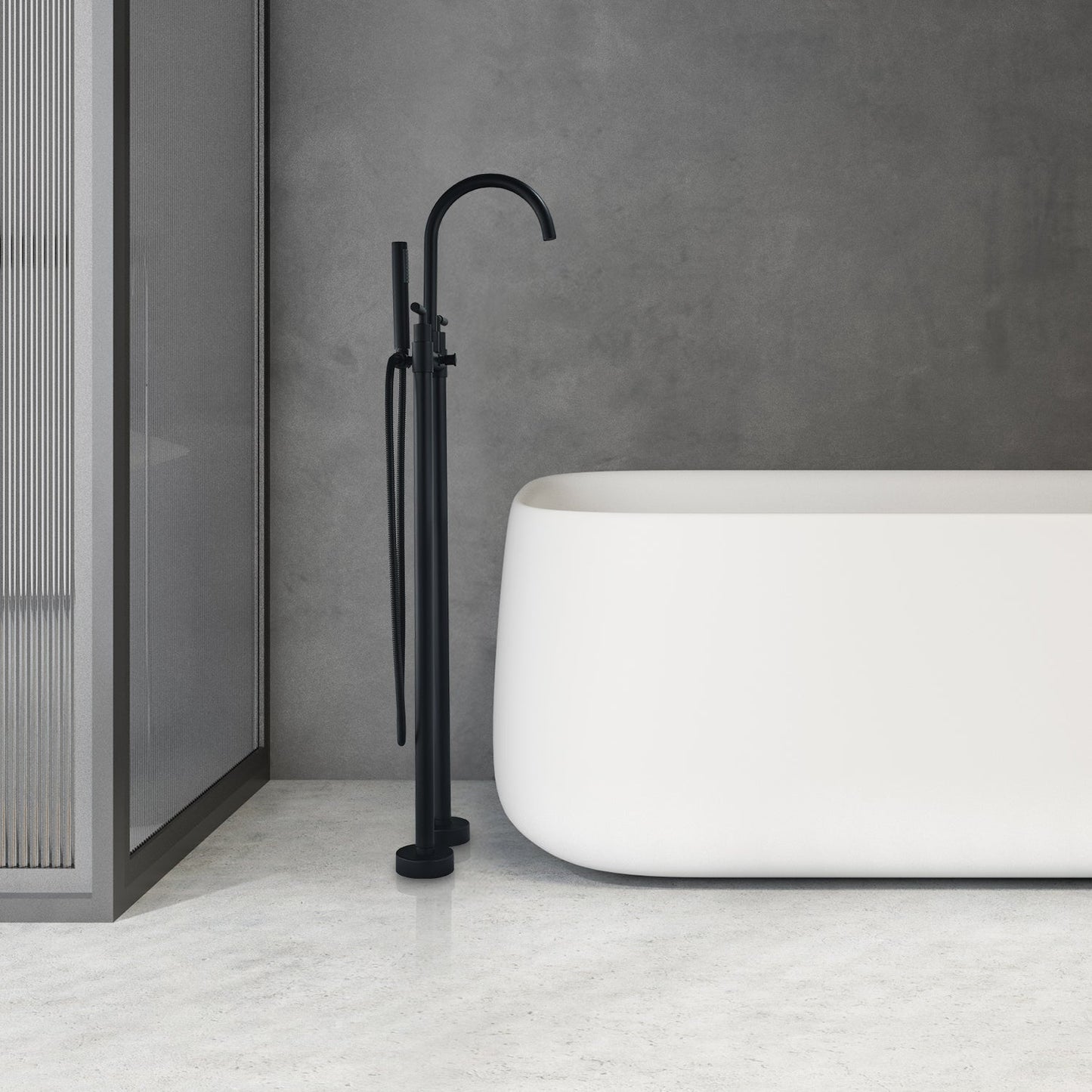 Gnosall Double Lever Handle Freestanding Floor Mounted Tub Filler with Handshower in Matte Black