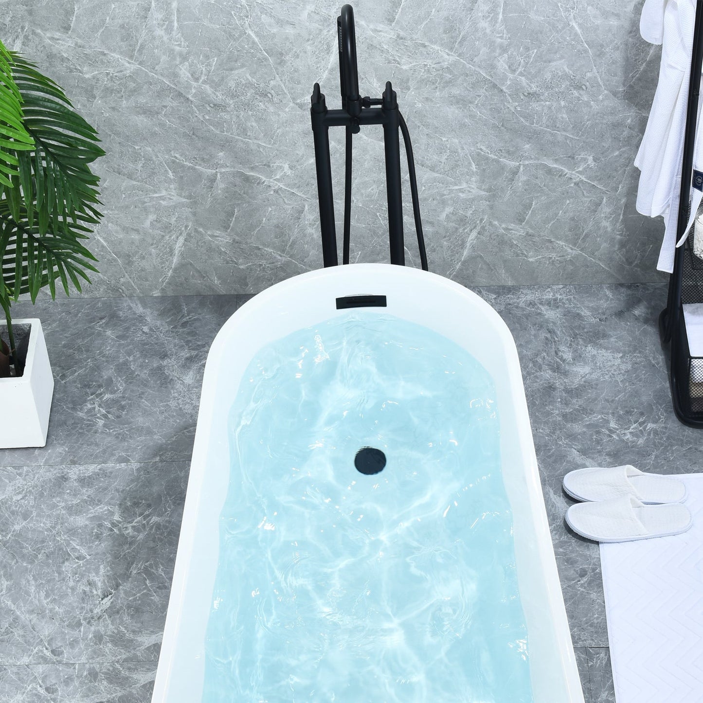 Gnosall Double Lever Handle Freestanding Floor Mounted Tub Filler with Handshower in Matte Black
