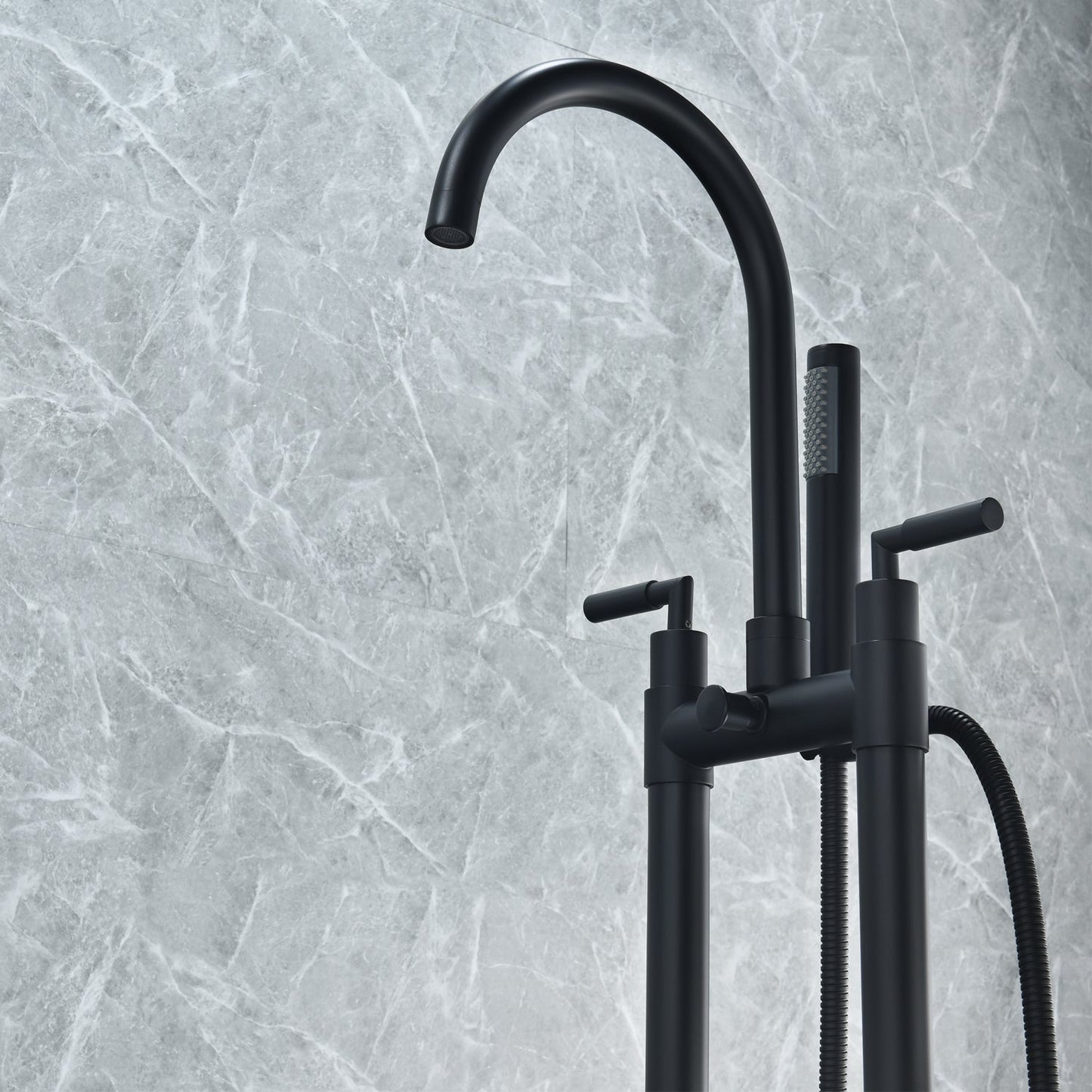 Gnosall Double Lever Handle Freestanding Floor Mounted Tub Filler with Handshower in Matte Black