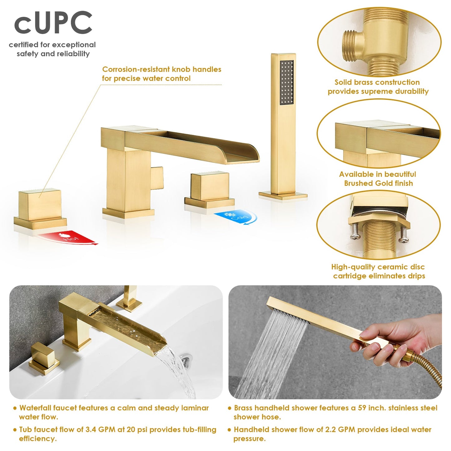 Nairn Deck-Mount Roman Waterfall Tub Filler in Brushed Gold with Handshower