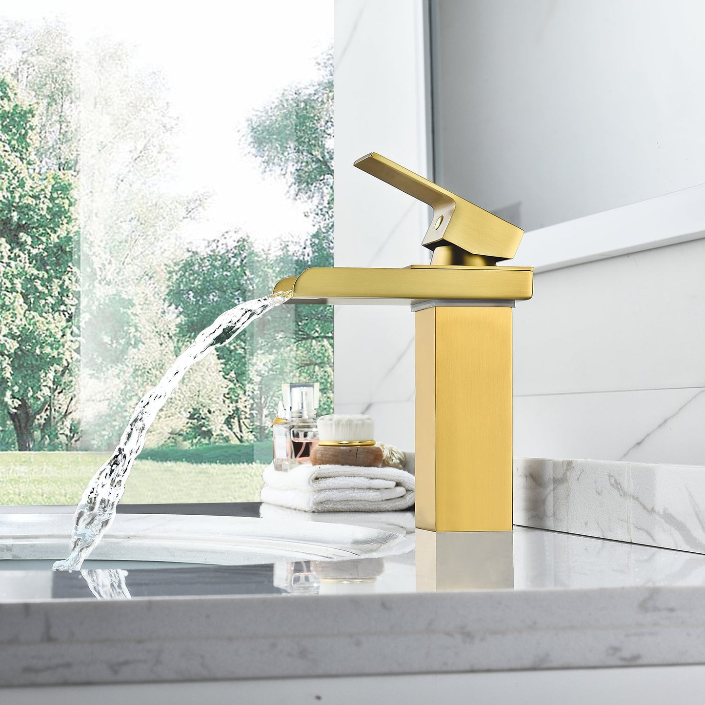 Sassor Single Hole Single-Handle Waterfall Bathroom Faucet in Brushed Gold