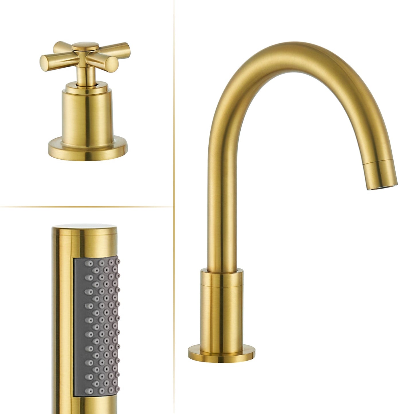 Sorlia Cross Handles Deck-Mount Roman Tub Faucet in Brushed Gold with Handshower