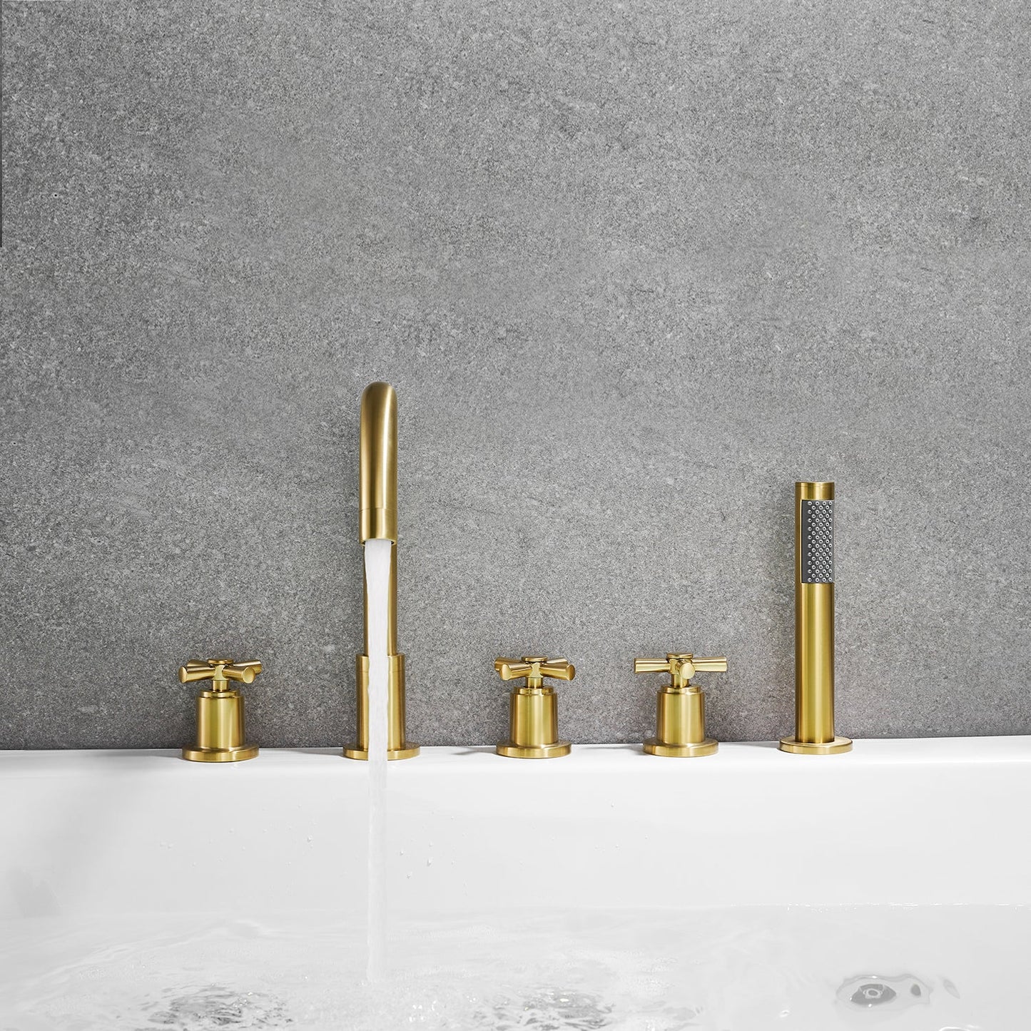 Sorlia Cross Handles Deck-Mount Roman Tub Faucet in Brushed Gold with Handshower