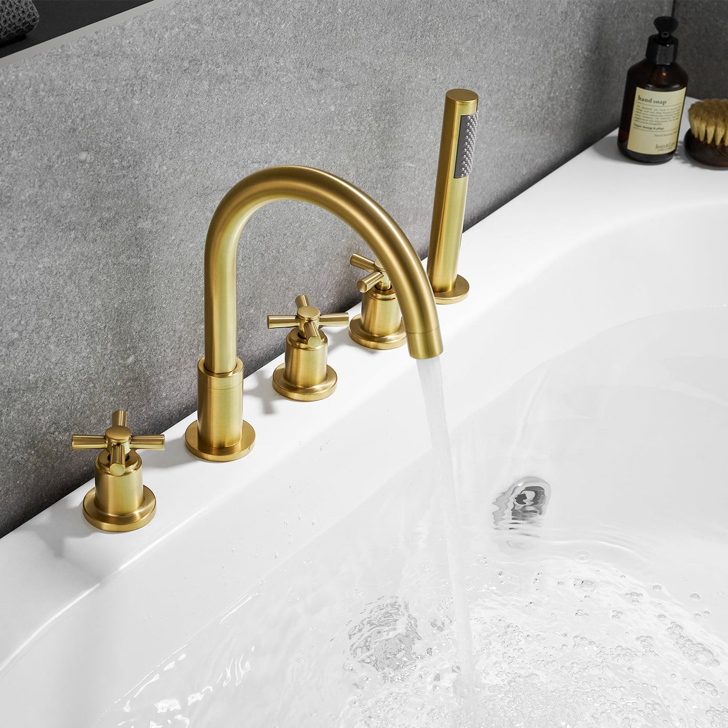 Sorlia Cross Handles Deck-Mount Roman Tub Faucet in Brushed Gold with Handshower