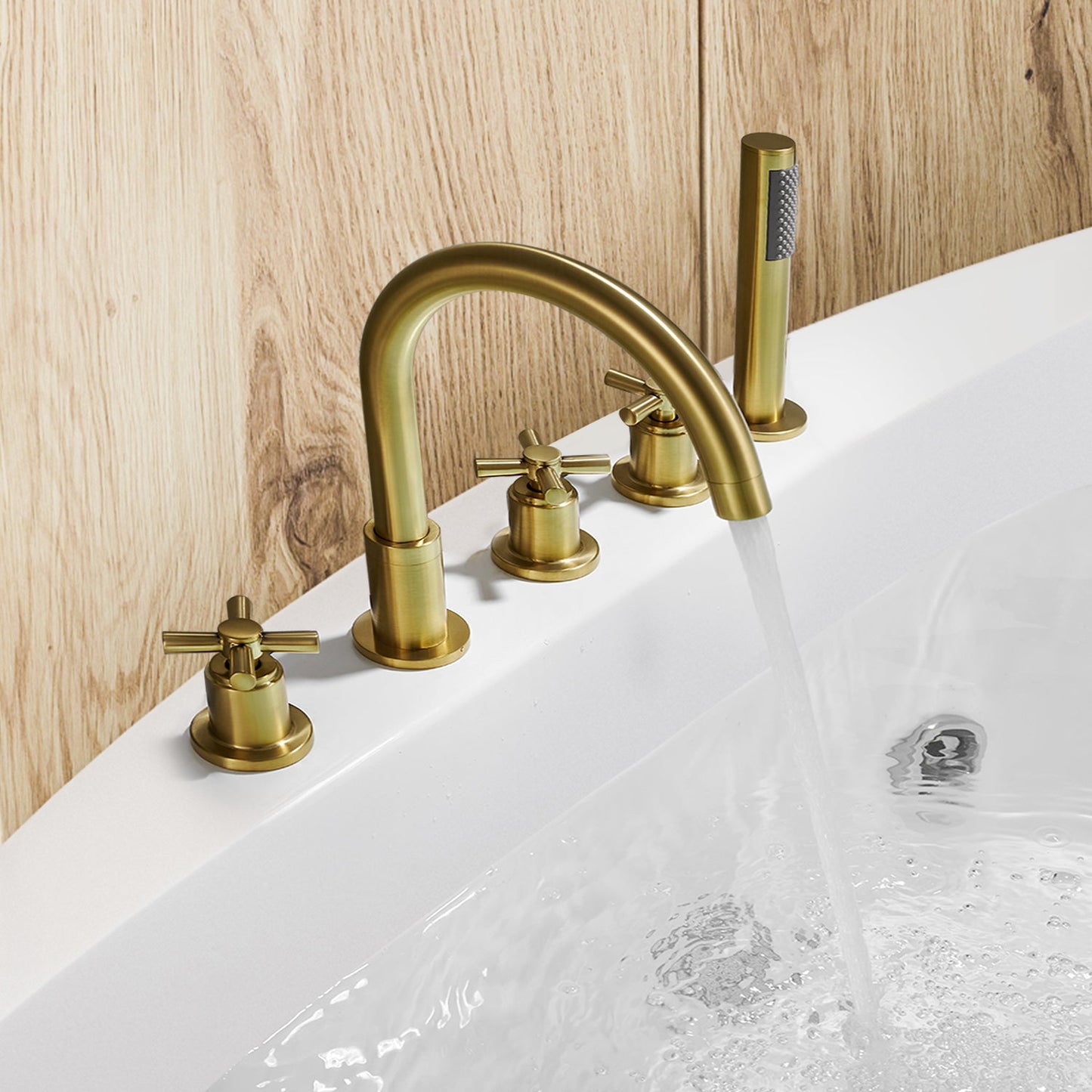 Sorlia Cross Handles Deck-Mount Roman Tub Faucet in Brushed Gold with Handshower